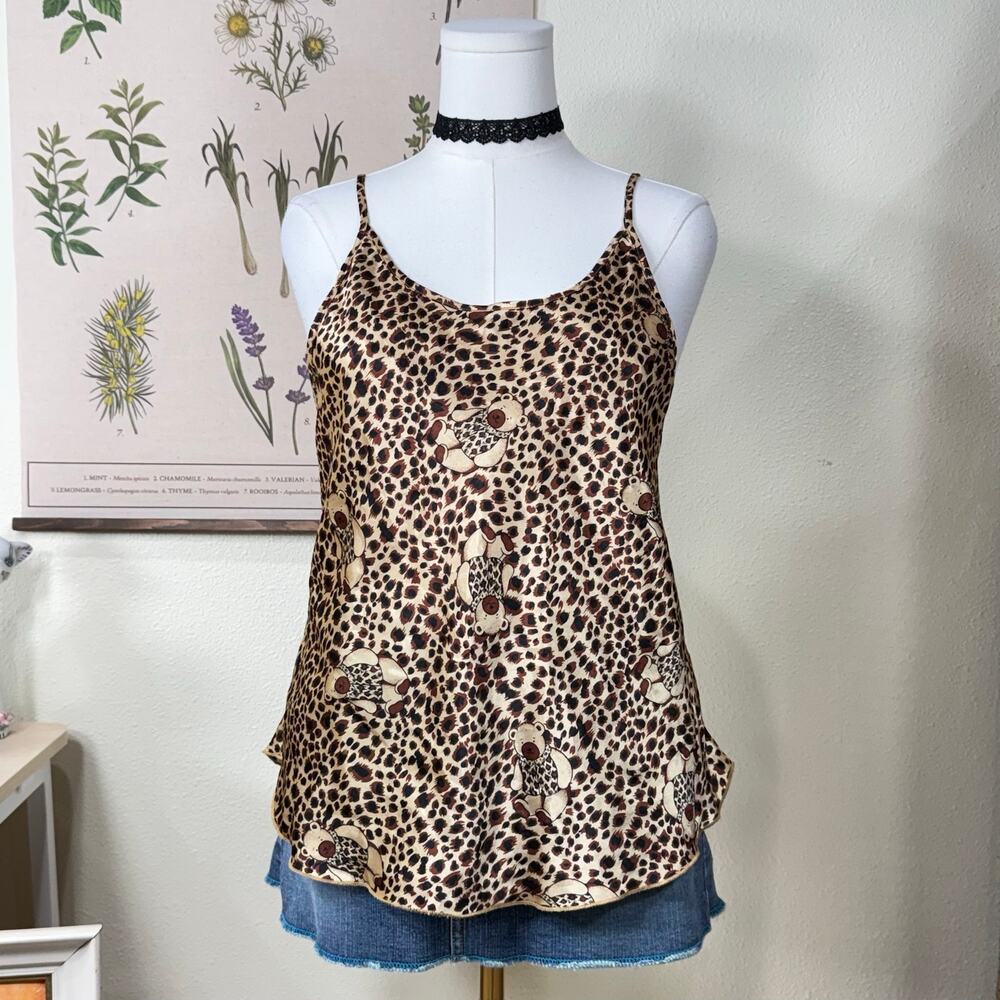 Vintage 90s Leopard Teddy Bear Satin Cami Top Gyaru Sexy Trashy Romantic L XL